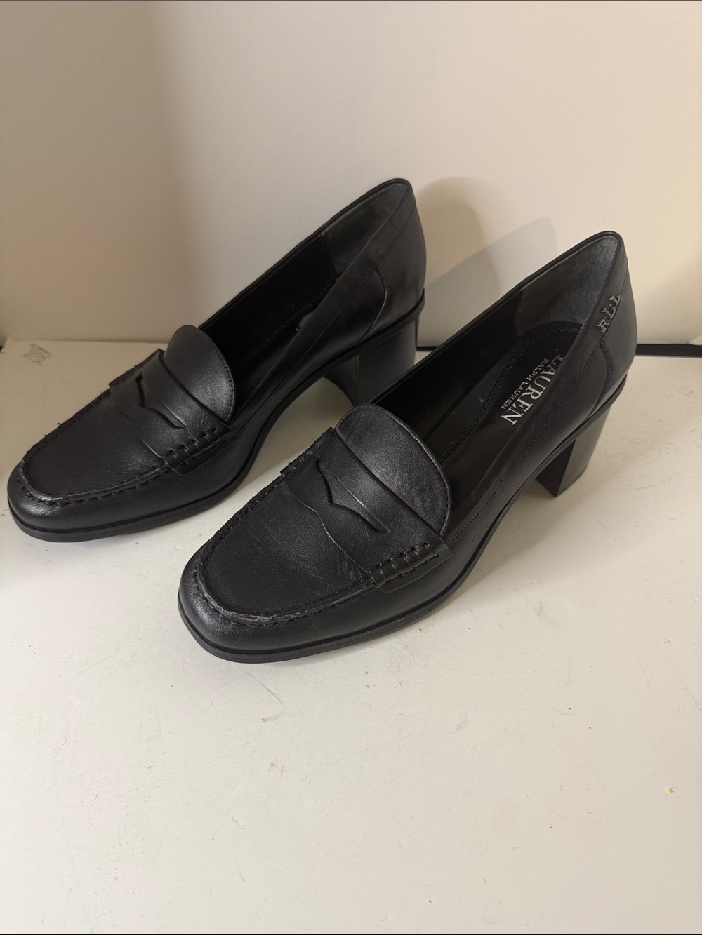 Ralph Lauren Black Leather Penny Loafers Heels